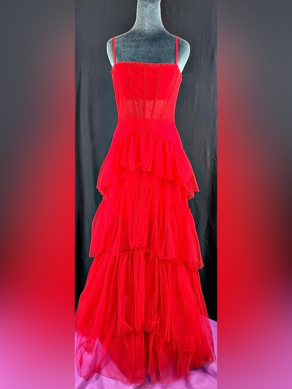 Betsy & Adam Jasmine Red Tiered Tulle Maxi Dress Like New corset sheerBodice